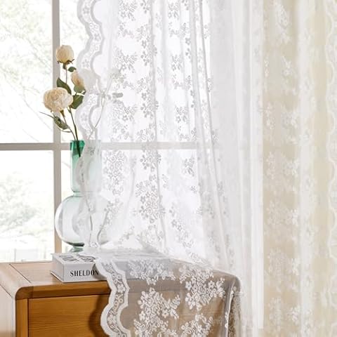 Wracra Rustic Lace Curtains, Romantic Ivory Sheer Curtains 84 Inches Long 2 Panels Set, Elegant Flowers and Branch Sheer Lacy Curtains for Bedroom/Living Room (2 Panels, W52 x L84) Cover