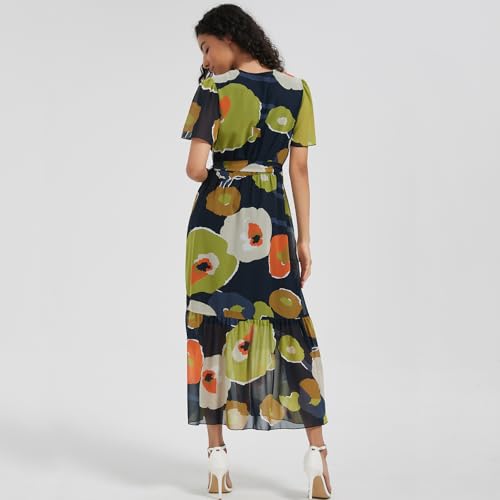 Image of Women's Summer Bohemian Floral Chiffon Dress Cap Sleeve V Neck Ruffle Long Flowy Boho Casual Vacation Dresses