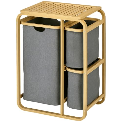 HOMCOM Panier à Linge Panier de Rangement Bambou 49l x 33P x 70H cm Gris