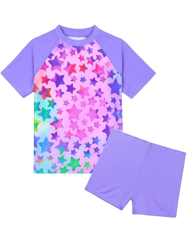 Image of Girls Swimsuit Colorful Short Sleeve Bathing Suits UPF 50+ Rash Guard Set Two Piece Summer Swimwear