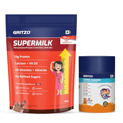 Image of Gritzo SuperMilk Growth+ (Formerly Height+) (13+y Girls) (Double Chocolate, 800g) with Super Gummies (Natural Orange Flavour, 30 Gummies) | Pack of 2