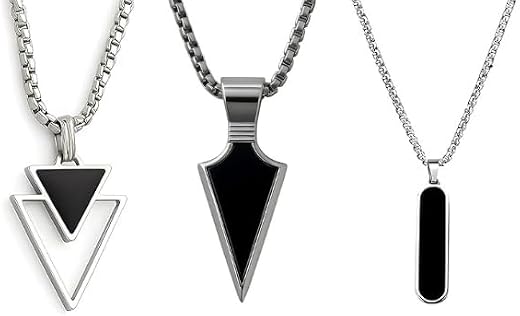 HASRAT Men's Stainless Steel Pendant Necklace Set with Chain, Black Geometric Triangle Design, 3 Piece