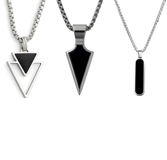 Men's Stainless Steel Pendant Necklace Set, Chain with Black Geometric Triangle Design, 3 Piece