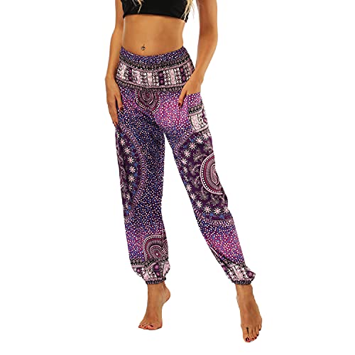 Lu's Chic Women's Boho Pants Harem Smocked Waist Yoga Hippie Palazzo Summer Beach Pants Pattern5 One Size #TOP1