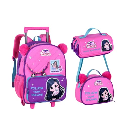 Kit Escolar Luluca Mochila de Rodinha Lancheira e Estojo LU27416K Com Painéis Organizadores