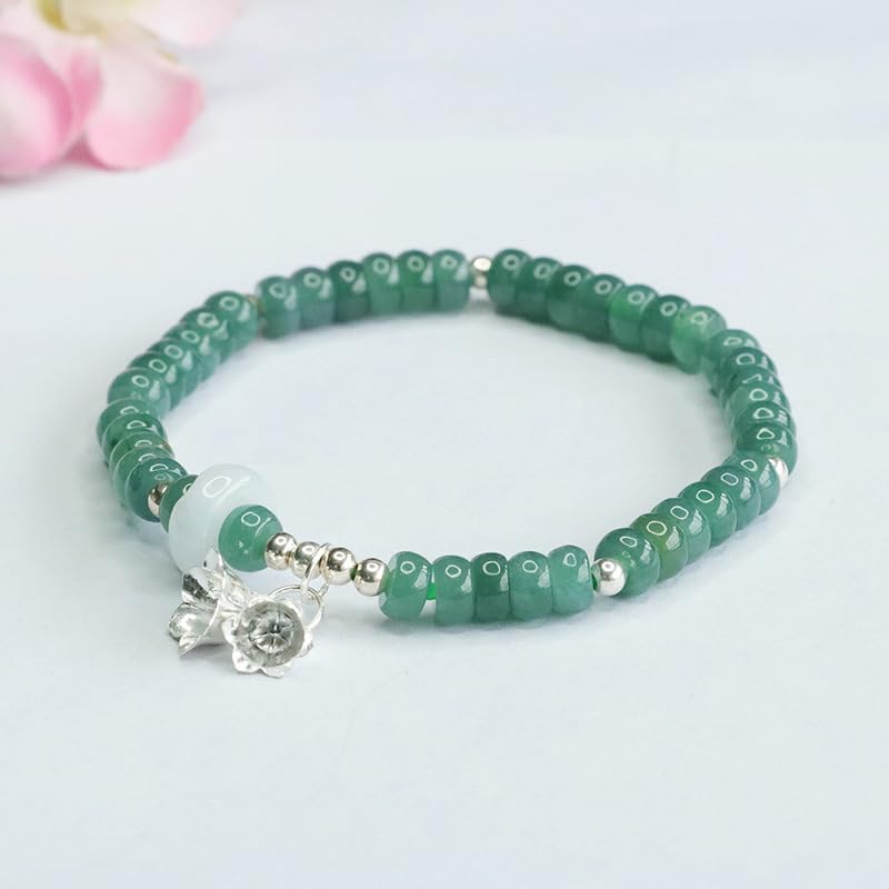 Bracciale in giada da donna, braccialetto con perline di abbaco d'acqua blu giadeite grado A ciondolo a forma giglio in argento S925, buona fortuna Fengshui for la meditazione yoga, 5 mm