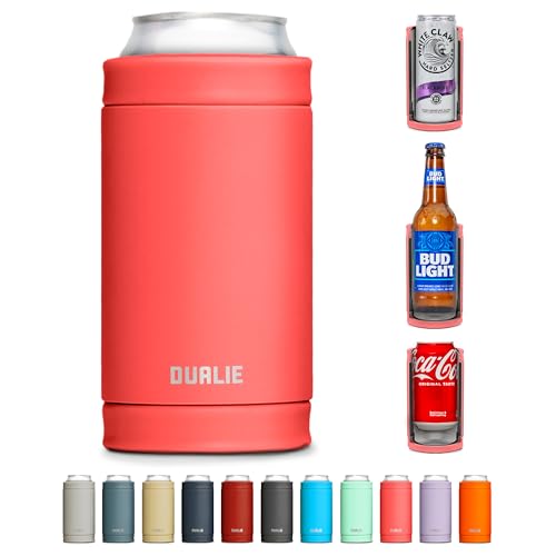 DUALIE 3 in 1 Insulated Can Cooler - Universal Size for 12 oz Cans, Slim Cans, and Bottles - Coral
