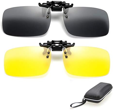 ZYZH Polarized Clip On Sunglasses Flip Up Fit Over Night Vision Glasses Anti Glare for Men Women Driving Sports 2 Pairs with Box -Yellow+Grey