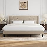 Novilla King Bed Frame, King Bed Frame with Headboard, Linen Upholstered Wing Side Headboard, No Box Spring Needed, Heavy Duty Feet, Easy Assembly, Beige
