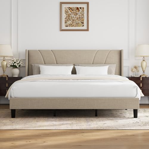 Novilla King Bed Frame, King Bed Frame with Headboard, Linen Upholstered Wing Side Headboard, No Box Spring Needed, Heavy Duty Feet, Easy Assembly, Beige Novilla King Bed Frame, King Bed Frame with Headboard, Linen Upholstered Wing Side Headboard, No Box Spring Needed, Heavy Duty Feet, Easy Assembly, Beige - Image 1