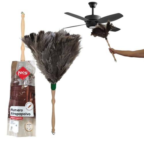 Plumero Avestruz 56 cm - No araña - Sin rastros - Plumero Atrapapolvo Mango Madera y 100% Pluma de Avestruz - Fácil de Limpiar - Limpieza Muebles, Ventiladores o Estanterías