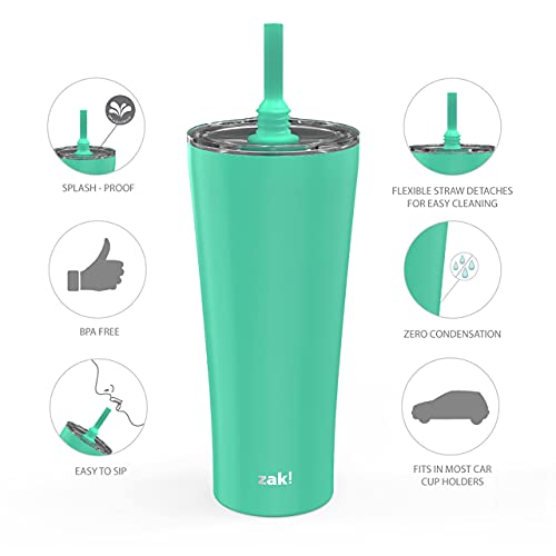 Image of Zak Designs Alfalfa Stainless Steel Vacuum Insulated Double Wall Tumbler with Flexible Silicone Straw, Travel Tumbler with Splash Proof Lid Keeps Drinks Cold (18 /8 SS, 30oz, Tropic)