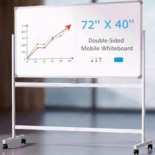 VOWNER Double-Sided Magnetic Whiteboard, 72" x 40" Large Mobile Dry Erase Board, Reversible Rolling White Board with Aluminum Frame & Stand, for Home Office, Classroom, School, White