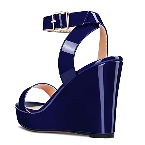 Image of Aachcol Women Platform Wedge Sandals Round Peep Open Toe Ankle Strap Slingback Two-Piece Chunky Block High Heel Dress Shoes Pumps Party Patent 4 Inch