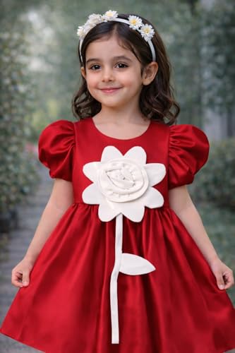 Image of Buy & Try Girls Satin Rose Flowered Frock Dress, Puff Sleeves, Knee Length Elegant Occasion Outfit