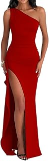 Women's Elegant Maxi Dress One Shoulder Sleeveless High Split Ruched Wedding Guest Long Dress - Buy now