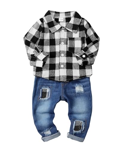 Image of NZRVAWS Toddler Baby Boy Clothes Infant Plaid Pocket Shirt Denim Ripped Jean Pants Outfits Set 6-24 Months 2-5T