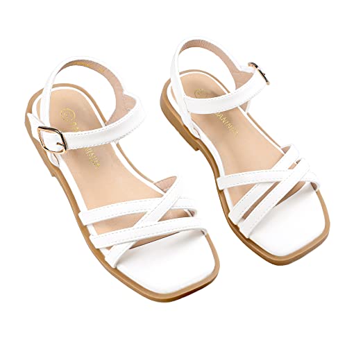 Pandaninjia Girls Sandals Hannah Square-Toe Summer Shoes Dress Sandals Flats For Toddler/Little Kid/Big Kid (White Pu, 3 M Us Little Kid) #TOP10