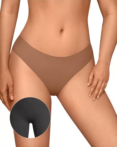 Image of OEAK Seamless Thongs for Women Invisible Thongs No Show Thong Panty Liners Tangas Comfortable Workout G-Strings Underwear Latte M