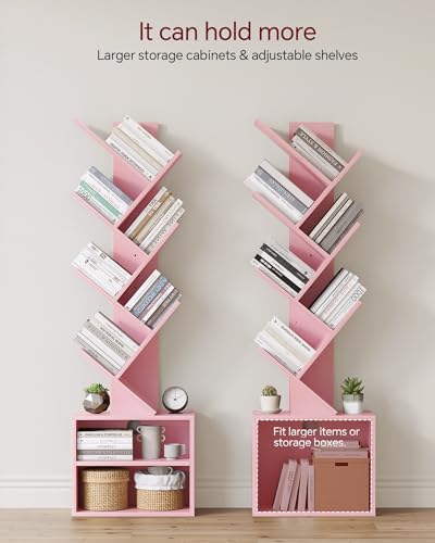 Image of SUNMORY 6 Tier Tree Bookshelf, Tall Small Bookcase with Storage Cabinet | Modern Narrow Bookshelves Organizer, Floor Standing Book Case Shelf for Bedroom Living Room Home Office Corner, Pink