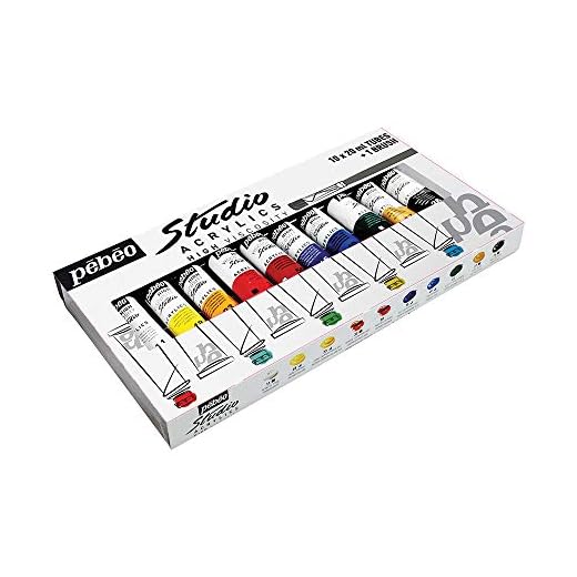 Pébéo - Studio Acrylics Etui 10 Tubes de 20 ml Assortis et Pinceau - Kit Tubes de Peinture Acrylique et Pinceau - Assortiment Pébéo Acrylique - 10 tubes de 20 ml