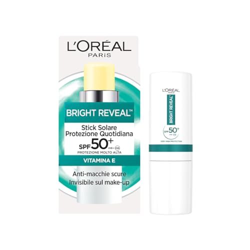 L'Oréal Paris Stick UV Protettivo Anti-Macchie, Per Tutti i Tipi di Pelle, Macchie Ridotte e Pelle Protetta dai Raggi UV, Finish Invisibile, Con Protezione SPF50+ e Vitamina E, Bright Reveal, 9 gr