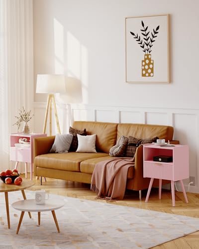 Image of Nightstand with Oultlet,Modern Bedside Table with Storage Drawer and Open Wood Shelf, for Living Room, Bedroom and Small Spaces, Accent Night Stand with Solid Wood Legs, Easy Assembly,Pink