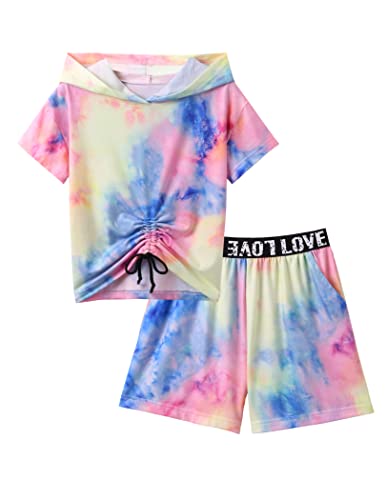 Arshiner Mädchen Bekleidungssets Batik Tshirts mit Shorts Sets Kinder Sommer Freizeit Kurz Trainingsanzuge Mode Zweiteilig Outfit für Mädchen 13-14 Jahre