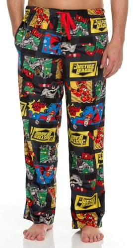 COCO BRANDS Mens Pajama Pants - Justice League Superman Batman The Flash Cyborg Cozy PJ Pants Sleepwear for Men (Sizes: S-XL), Comic Squares, Medium
