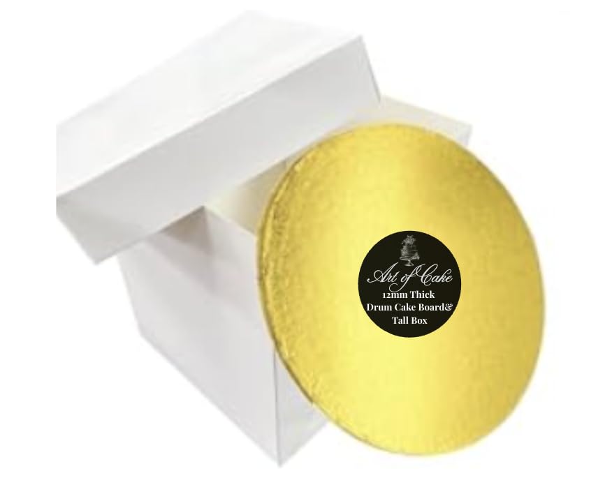 Art of Cake® 14 Inch Round Gold Cake Drum Board & Tall Box Combo - 14 x 14 x 12 Inch Square Box and Matching Circle Set - For Tiered Decorated Transport Birthday Wedding Celebration Cakes (356mm)