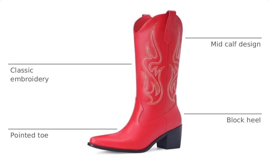 Image of Pasuot Cowboy Boots for Women - Cowgirl Western Mid Calf Boots with Embroidery, Pointed Toe Retro Chunky Heel Slip On Fashion Classic Short Boots Pull On for Ladies Summer Fall