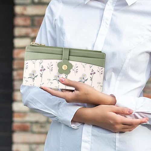 Image of Farcauo Long Floral Womens Wallet Cute Wallets for Women Green Women's Wallet Kawaii Flower Card Wallets for Women Ladies