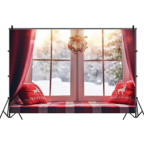 Laeacco 10x6.5ft Vinyl Backdrop Merry Christmas Photography Background Window View Winter Snowscape Happy Holidays Decorated House Red Pillow Sill Curtain Garland Party Greeting Photo Studio Props