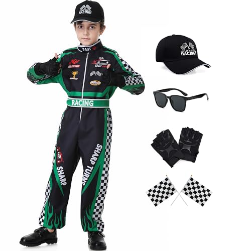 Dzorim Deguisement Pilote de Course Enfant, Chapeau et Combinaison de Course Kids Dress Up Set (Vert, 100)