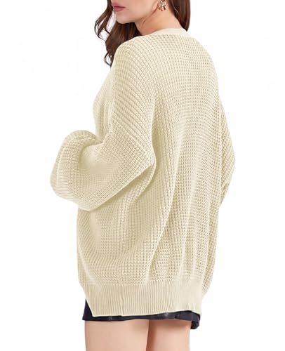 Image of QUALFORT Women's Oversized 100% Cotton Cardigan Sweater | Long Sleeve V Neck Button Down Open Front Knit Outerwear