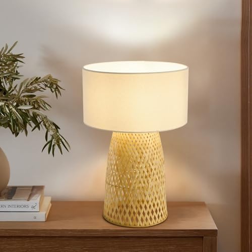 Image of Boho Bamboo Table Lamp, Handwoven Bedside Lamp with Linen Shade, Small Natural Weave Nightstand Light for Living Room, Tea Room, Desk,White