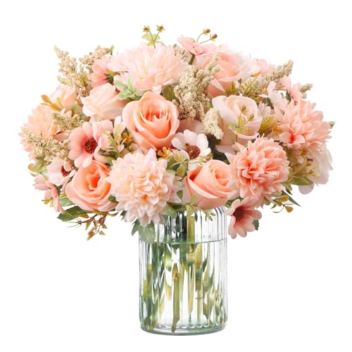 Fonyet 2 Bündel Künstliche Blumen Deko Seide Kunstblumen Wie Echt Künstlich Hortensien und Rosen, Fake Blumen Kunstblumenstrauß für Hochzeit Partei Heim Küche Dekor