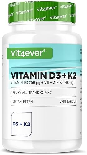 Vitamina D3 + K2 MK-7-100 Comprimidos - 10.000 UI (250 µg) de Vit...