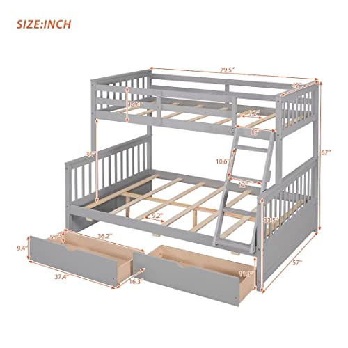 Ayvbir Wood Bunk Bed Twin Over Full With 2 Storage Drawers And Removable Ladder Loft Bunk Bed Frame With Safety Guard Rails For Kids Toddlers Girls, Convertible To 2 Separated Bed (Gray) #TOP2