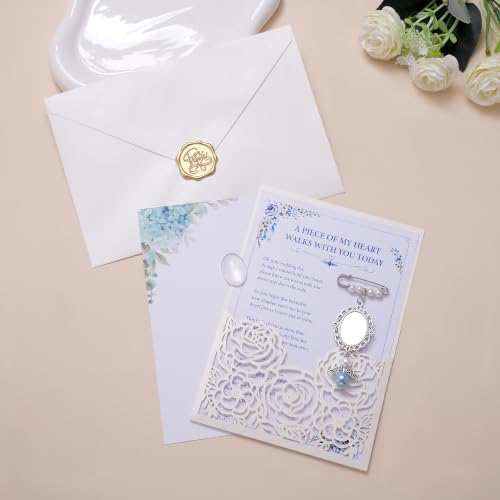 Image of MIXJOY Something Blue Gift for Bride, Wedding Day Bridal Blue Pearl Angel Wings Bouquet Garter Charm for Bride to Be