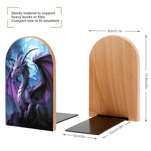 Sujetalibros de madera con dragón morado y luna para estanterías 3