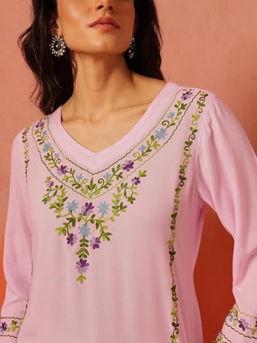 Image of QAZMI Women's Amina Kashmiri Embroidered V-Neck Short Kurti
