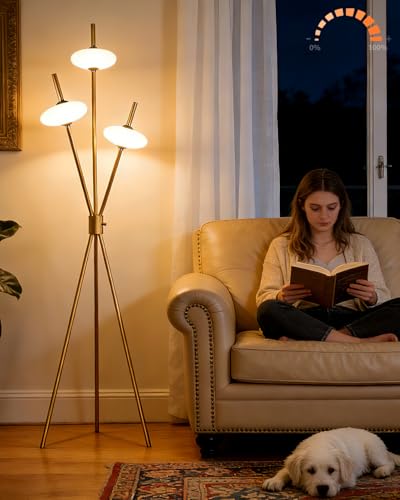 Image of Lightdot Tripod Floor Lamp Stepless Dimmable Gold Standing Tall Lamps with 3PCS Elliptical Lampshades Mid Century Modern Floor Lamps for Living Room /Bedroom /Sofa Beside /Corner Decor
