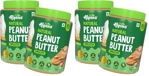 Image of Alpino Natural Peanut Butter Smooth 2 KG | Unsweetened | Made with 100% Roasted Peanuts | 30% Protein | No Added Sugar | No Added Salt | No Hydrogenated Oils | Non GMO | Gluten Free | Vegan | 1 KG Pack of 4