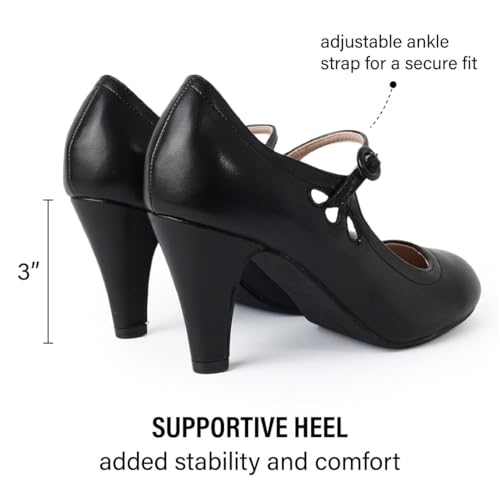 J. Adams Pixie Mary Jane Shoes Women Oxford Pumps - Cute Low Kitten High Heels - Retro Vintage Shoes for Women 1950s Mary Janes Round Toe Shoe with Ankle Strap - Women Dress Shoes3