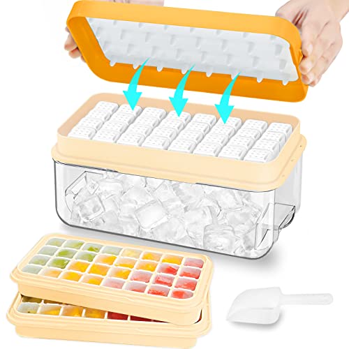 Ice Cube Tray With Lid And Bin, 64 Pcs Ice Tray Kit With Ice Scoop, Ice Cube Pop Out Tray, Ice Cube Trays For Freezer, Ice Cube Molds, Bpa Free, Easy Release Stackble Spill-Resistant Zzwillb (Orange) #TOP1