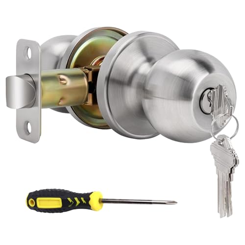 huifllyhui Door Knob with Lock and Key, Exterior/Interior Door knob for Bedroom or Bathroom,Satin Nickel Door Handle Lock (1, Silvery)