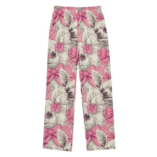 Chihuahua with Pink Bows Pajama Pants Long Soft Sleep Pants Elastic Waist PJ Bottoms 6-14 Years
