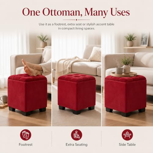 Image of Velvet Cube Ottoman | Seating Stool for Living Room | Soft Cushioned Footrest Stool with Durable Plastic Legs | Multipurpose Seating, Side Table & Pouffe Home Decor, 12x12x14 inch (Maroon)