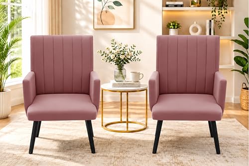 Image of Rosebell Modern Velvet Office Chairs Set of 2 with Armrests & Metal Legs | Upholstered High Back Leisure Chairs for Living Room, Bedroom, Office, Cafe & Dining Room | Rose Pink